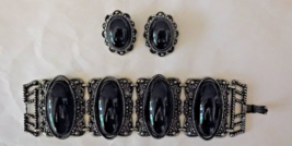 SELRO Unsigned Vintage 2&quot; Wide Chunky Bracelet &amp; Earrings Set Black Cabochons EX - £47.92 GBP