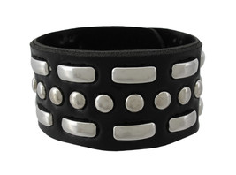 5850 black leather chrome round macaroni studs wristband 1m thumb200