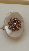 Antique Victorian 14K Gold Rare White Carnelian  Amethyst &amp; Seed Pearl R... - £1,076.64 GBP