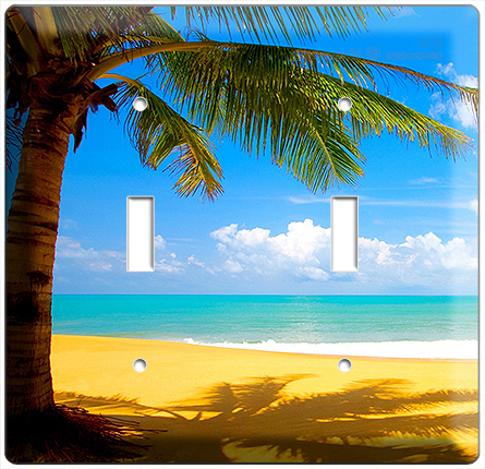 EXOTIC PALM TREE ON A PARADISE SANDY BEACH DOUBLE LIGHT SWITCH WALL PLATE COVER