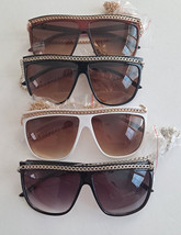 Women Sunglasses Flat Lens Plastic Frames Retro With Chain Shades Glasses - £7.81 GBP