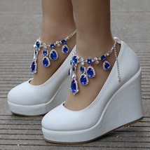 Ankle Strap Wedges Pumps Large Size Bridal Women Rhinestone Platform Shoes Mary  - £48.89 GBP