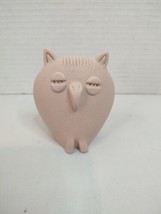 Miniature Pink Ceramic Owl Etched Figurine Decor Sand Texture Sleepy Eyes Signed - £7.59 GBP