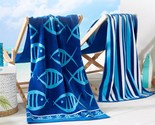 Large Beach Towel Set Of 2 - Blue Fish And Striped Beach Towels For Adul... - $54.99