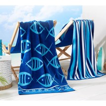 Large Beach Towel Set Of 2 - Blue Fish And Striped Beach Towels For Adul... - £43.01 GBP