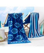 Large Beach Towel Set Of 2 - Blue Fish And Striped Beach Towels For Adul... - £43.24 GBP