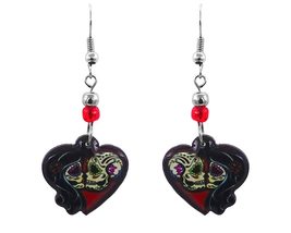 Day of the Dead Sugar Skull Couple Heart Graphic Dangle Earrings - Women... - $17.81