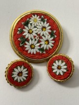 Vintage Floral Daisy MIcro Mosaic Brooch Earrings Set Orange - £36.75 GBP