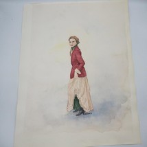 Acuarela Pintura Victoriano Mujer En Rojo Abrigo y Blanco Vestido - £82.42 GBP