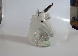 Glazed Porcelain Unicorn Head with Gold Horn and Pastel Flowers 6 1/4&quot; High - £7.86 GBP
