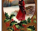 Woman in Red Winter Landscape Holly Christmas Greetings Gilt DB Postcard... - $5.31
