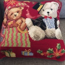 Vintage Needlepoint Christmas  Pillow  w zip Red Velvet Back 13&quot;x13” XMAS - £11.67 GBP