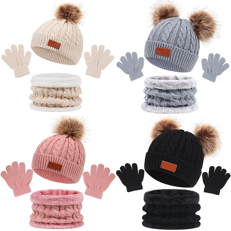 3Pcs Winter Baby Hat Scarf Gloves Set Solid Color Toddler Bonnet Cute Pompom - £14.55 GBP+
