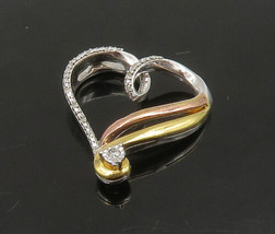 925 Silver &amp; 14K GOLD - Vintage Genuine Diamonds 3 Tone Heart Pendant - PT18763 - £54.44 GBP