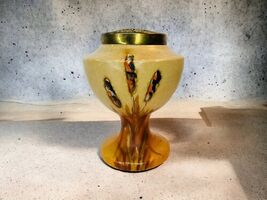 Handpainted Ceramic Floral Frog Pedestal MCM Vintage Beige Brown Rust Me... - $44.87