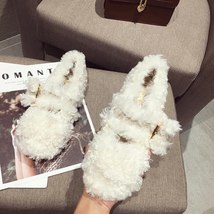 Celebrity Curly lamb wool flats woman metal buckle band furry mary janes ladies  - £38.36 GBP