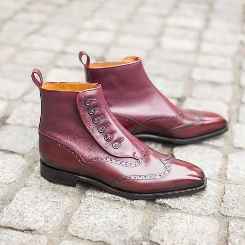 Men Maroon Red Plain Toe Handmade High Ankle Real Leather Button Boots US 7-16