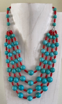 Vintage 4-Strand Turquoise and Coral Beads Sterling Necklace - £394.77 GBP
