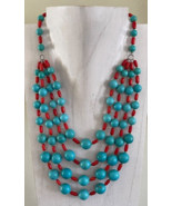 Vintage 4-Strand Turquoise and Coral Beads Sterling Necklace - £389.38 GBP