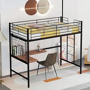 Twin Size Metal Loft Bed With Desk,Metal Grid And Guardrails,Large Space Under B - £323.85 GBP