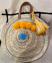 Round straw bag, Moroccan pompom bag, Pompom round tote, Handmade beach ... - £43.66 GBP