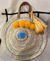 Round straw bag, Moroccan pompom bag, Pompom round tote, Handmade beach ... - $54.74