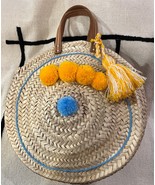 Round straw bag, Moroccan pompom bag, Pompom round tote, Handmade beach ... - £43.35 GBP