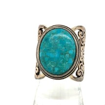 Vtg Sterling Signed 925 NOA Thailand Inlay Mosaic Pattern Turquoise Wide Ring 8 - £67.11 GBP