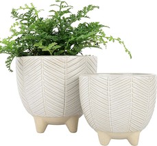 Ceramic Footed Flower Plant Pots - 6.7 + 5.1 Inch Boho Decor Indoor, Beige - £34.23 GBP