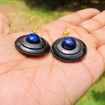 Ebony Wood + Lapis Lazuli Circle Round Domed Handmade Earrings 48 mm length, D 6 - £16.76 GBP