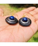 Ebony Wood + Lapis Lazuli Circle Round Domed Handmade Earrings 48 mm len... - £16.42 GBP
