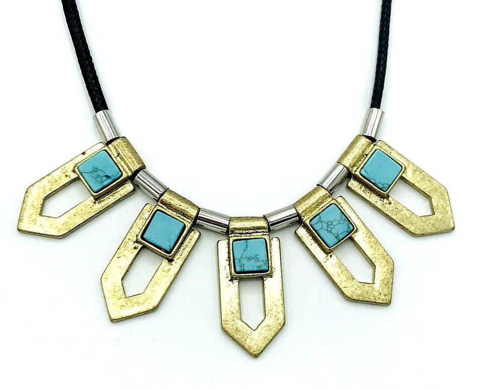 J Crew Antique Gold Tone Turquoise Necklace Black Cord - $23.76