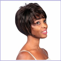  Black Brown Short Straight Hair with Long Bangs Pixie Style Cut Full Lace Wig image 4