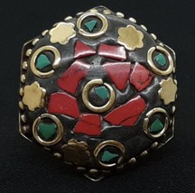 Vintage 2.70ctw Natural Red &amp; Green Turquoise Gold Vermeil Adjustable Ring - £56.26 GBP