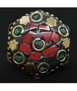 Vintage 2.70ctw Natural Red &amp; Green Turquoise Gold Vermeil Adjustable Ring - £54.91 GBP