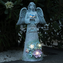 Angel Garden Statue Outdoor Angel Holding Dove with Solar Lights Gardening Gifts - £60.64 GBP
