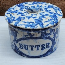 Salt Glazed Butter Crock w/Lid Stoneware Blue &amp; White Spongeware Sampson 1982 - £19.18 GBP