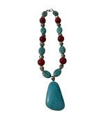 Vintage Turquoise Howlite Statement Necklace Large Pendant Red Beads Sil... - $28.80