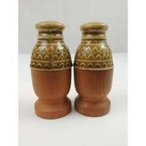 Vintage Ceramic Azetc Design And Wooden Salt &amp; Pepper Shakers - £6.95 GBP