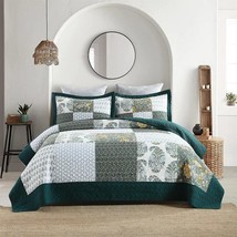 3pc. Handmade Green White Floral 100% Cotton Patchwork King Size Coverlet Set - £185.97 GBP