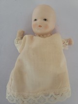 Vintage Russ Berrie 4” Porcelain Baby Doll in Gown Cloth Body No Tags - £13.69 GBP