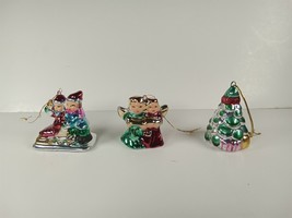 3 Ceramic Metallic Painted Mini 2&quot; Christmas Ornaments: Angel, Sleigh, Tree - £4.75 GBP