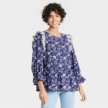 Universal Thread floral print embroidered ruffle blue white top new Medium - £19.32 GBP