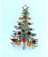 1960&#39;s Hollycraft Christmas Tree Brooch, Antiqued Gold-Tone, Rhinestones... - £12.51 GBP