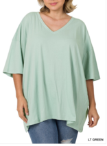 Zenana  1X Cotton Oversized Drop Shoulder Boxy Boyfriend V Neck Tee Top Lt Green - $15.35