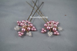 Bridal hair pins, Set of 2 rose pink pearls, Cluster pearls crystals hai... - £20.45 GBP