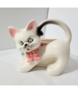 Napco White Cat Planter Vtg Green Eyes Pink Bow Curled Tail Baby Girl - $422.81 MXN