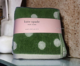 Kate Spade NY Set of 4 Facecloths Washcloths Green White Polka Dot 13x13&quot; - £28.52 GBP