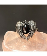 Gothic Wing Black Stone Ring 7x9mm 925 Silver Adjustable Dark Boho Jewelry - $42.99