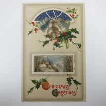 Christmas Postcard Church Bells Holly &amp; Berries Winsch Gold Embossed Antique - £11.98 GBP